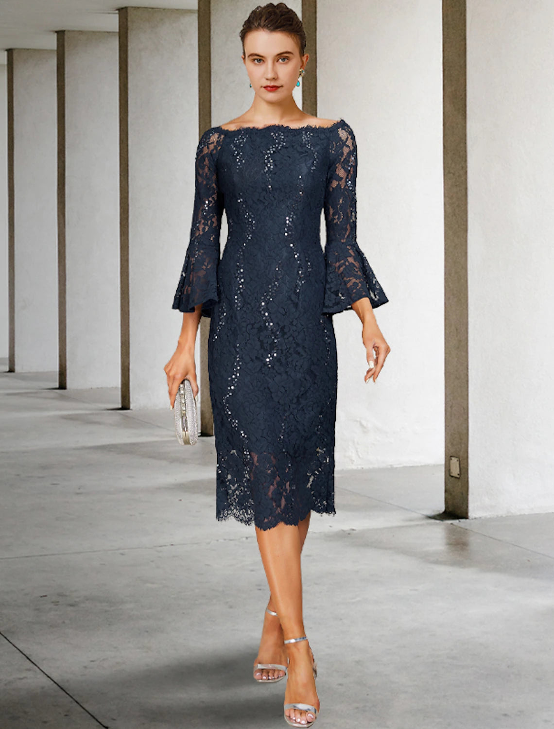 Wholesale  Sheath / Column Mother of the Bride Dress Wedding Guest Vintage Elegant Jewel Neck Tea Length Lace 3/4 Length Sleeve with Sequin Fall